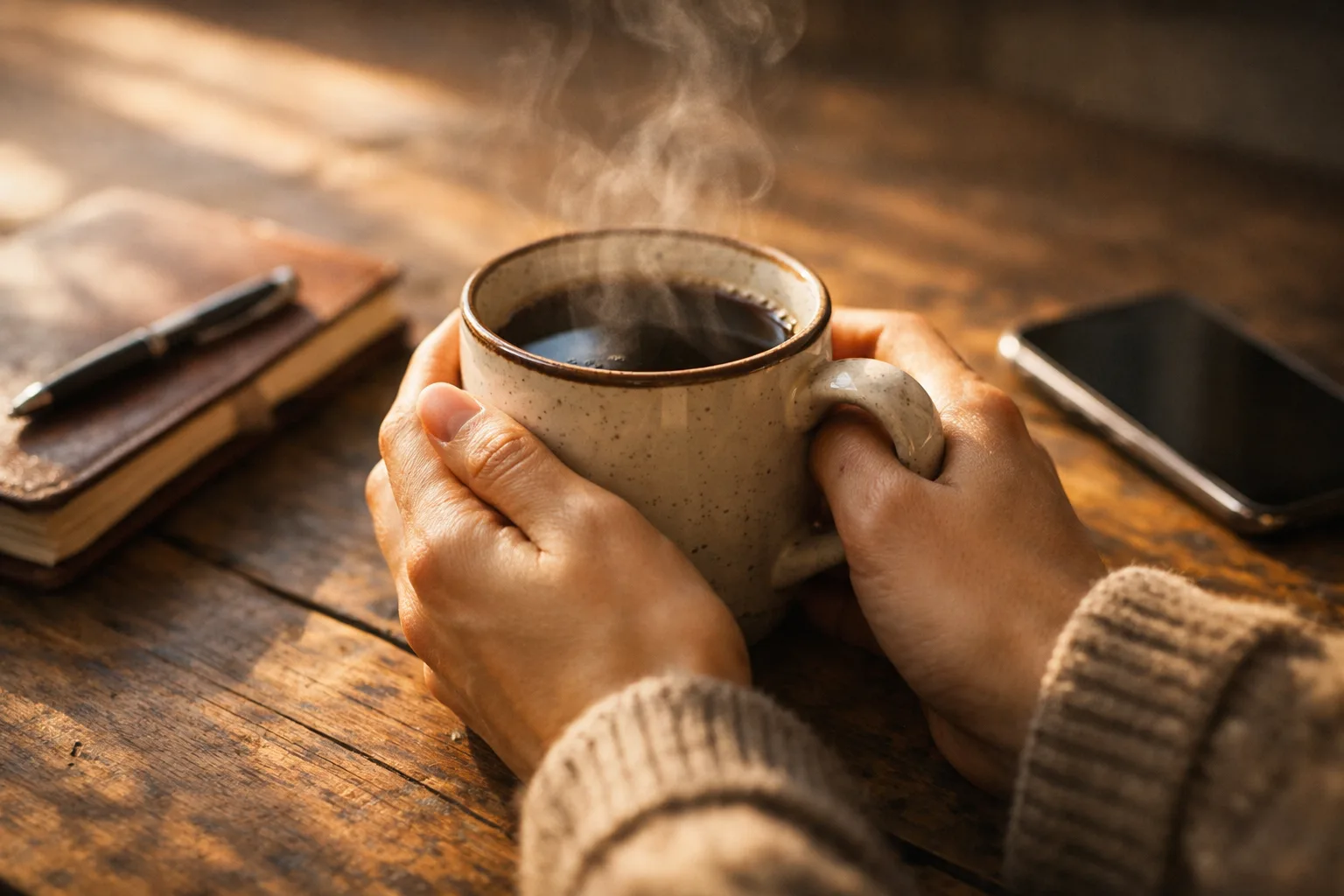 Hands holding a warm cup of coffee at a rustic wooden table
